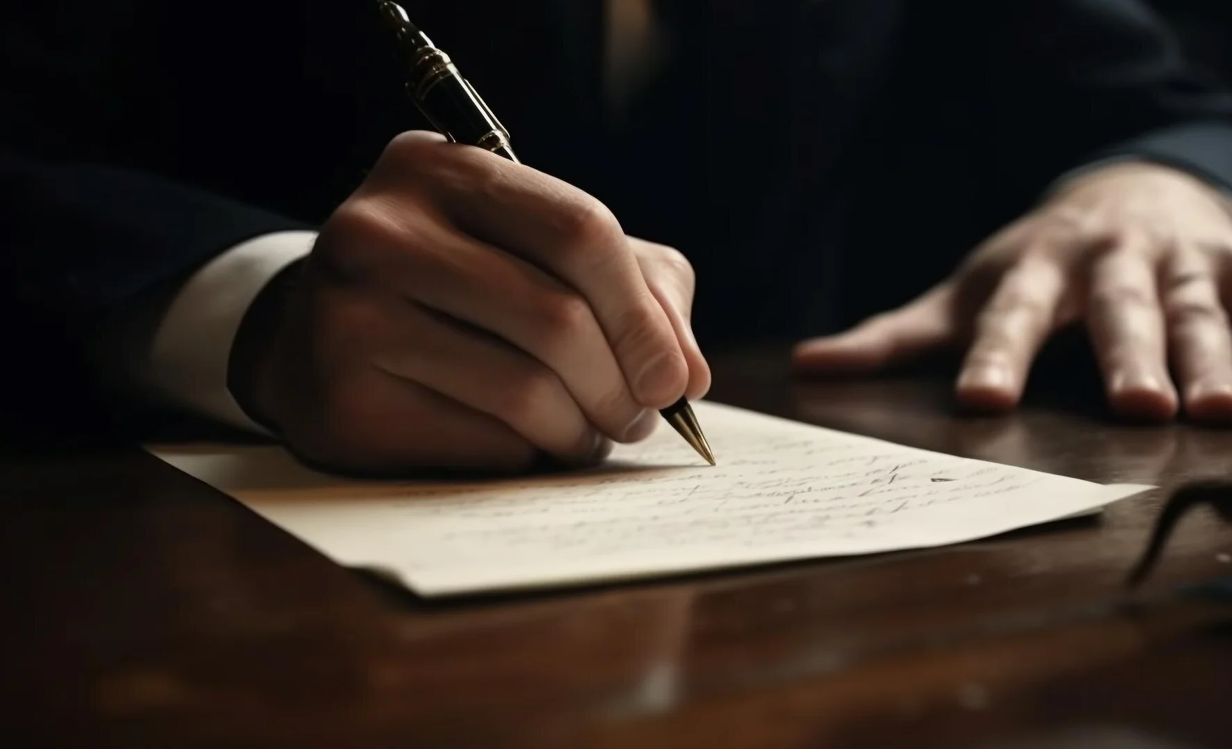 Businessman signing contract at desk with pen